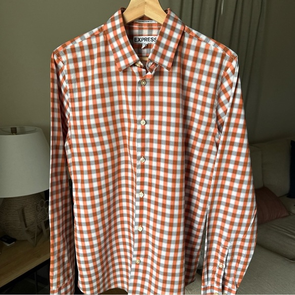 Express Men’s L/S Slim Fit Button Up Orange/white/grey Shirt Size M 15/15.5 - Picture 2 of 8